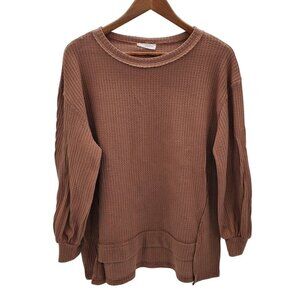 First Love Womens Brown Long Sleeve Waffle Knit Tunic Top Shirt Blouse Size S